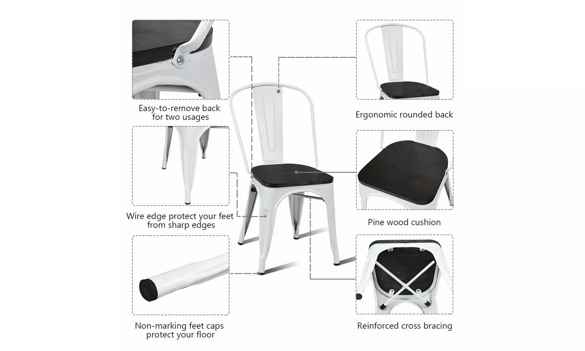 Costway Set of 4 Tolix Style Metal Dining Side Chair Wood Seat Stackable