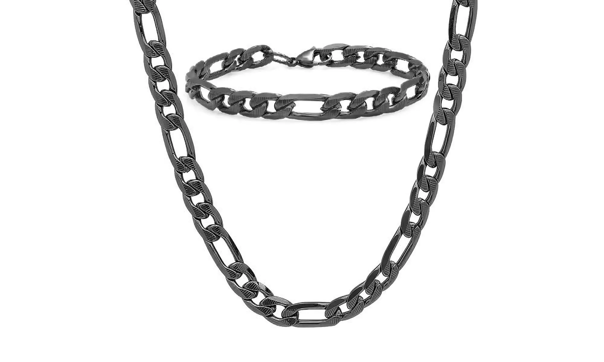 Men's Stainless Steel Figaro Chain And Bracelet Link Set DS