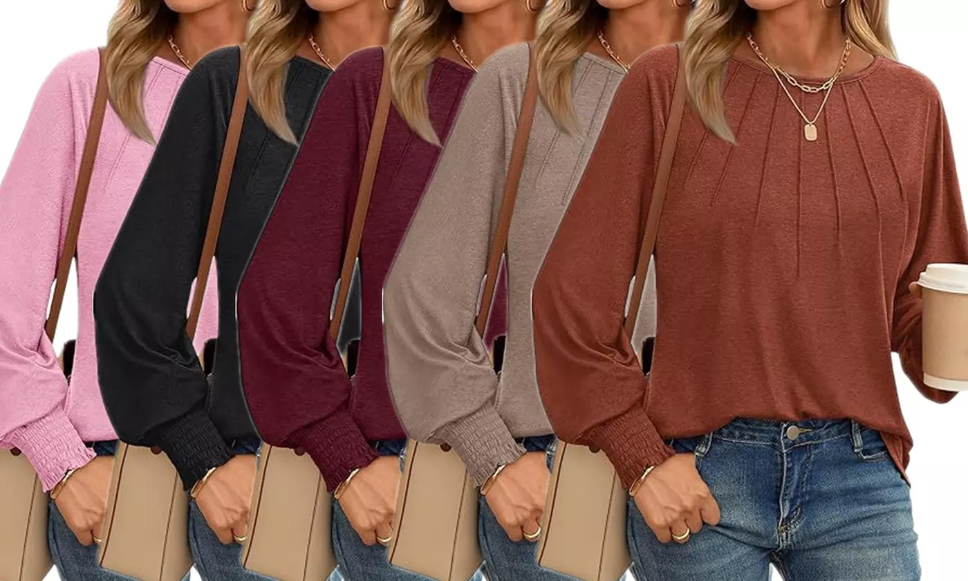 Women's Long Sleeve Ruffle Sleeve Shirts Pleated Front Tunic Tops - Primary Image