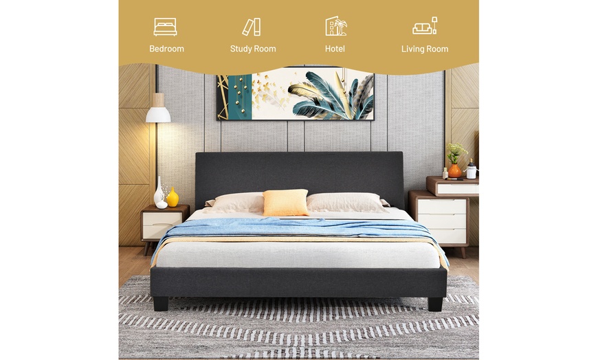 Costway Full Upholstered Platform Bed Frame With Linen Headboard Wood ...