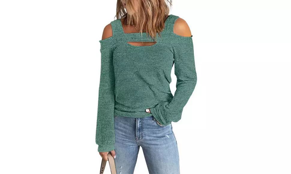 Womens Cold Shoulder Long Sleeve Hallow Out Pullover T-Shirt Tops Blouse Tunic - Second Medium