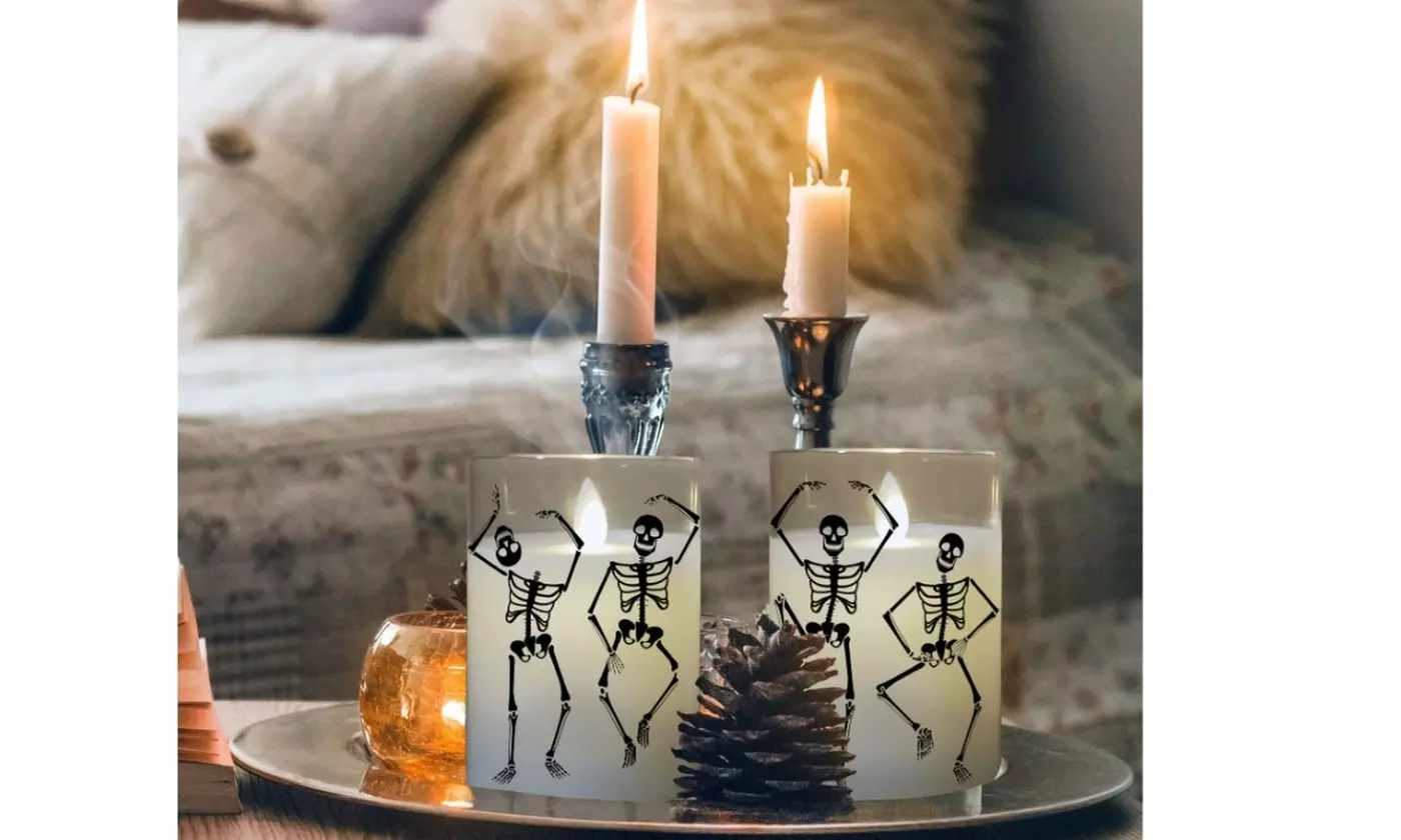 Halloween Battery Operated LED Glass Candles with Flickering Flame - Set of 2