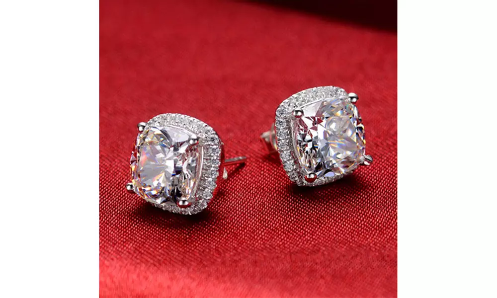 Sterling Silver Cubic Zirconia Cushion Cut Halo Studs
