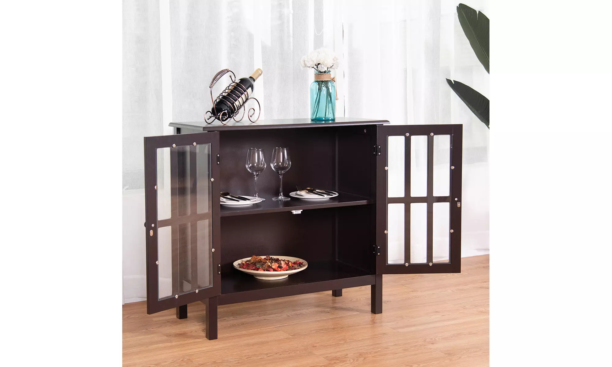 Storage Buffet Cabinet Glass Door Sideboard Console Table Server Display Brown - Primary Image