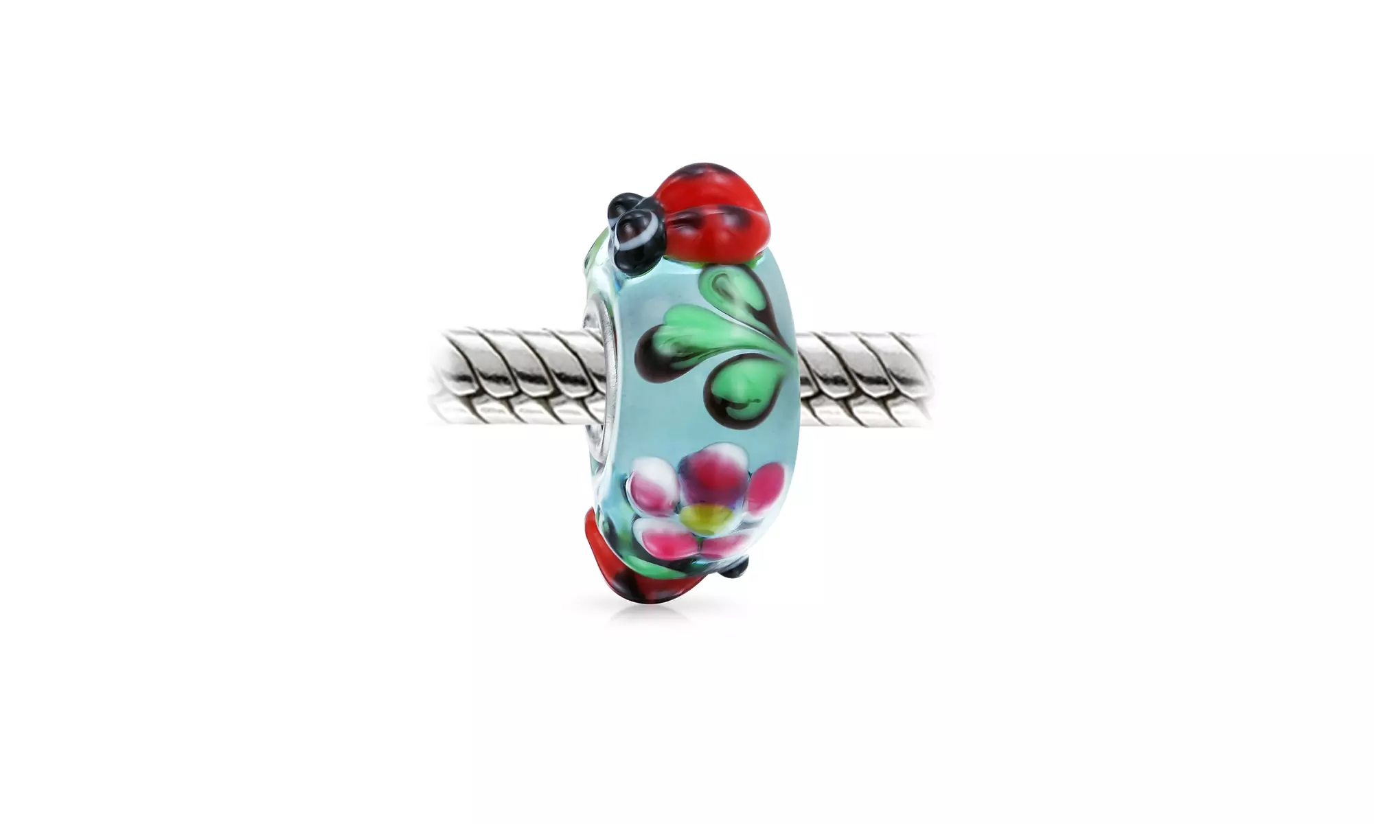 Bling Jewelry Silver Ladybug Flower Blue Murano Glass Bead Fits Pandor - Second Medium