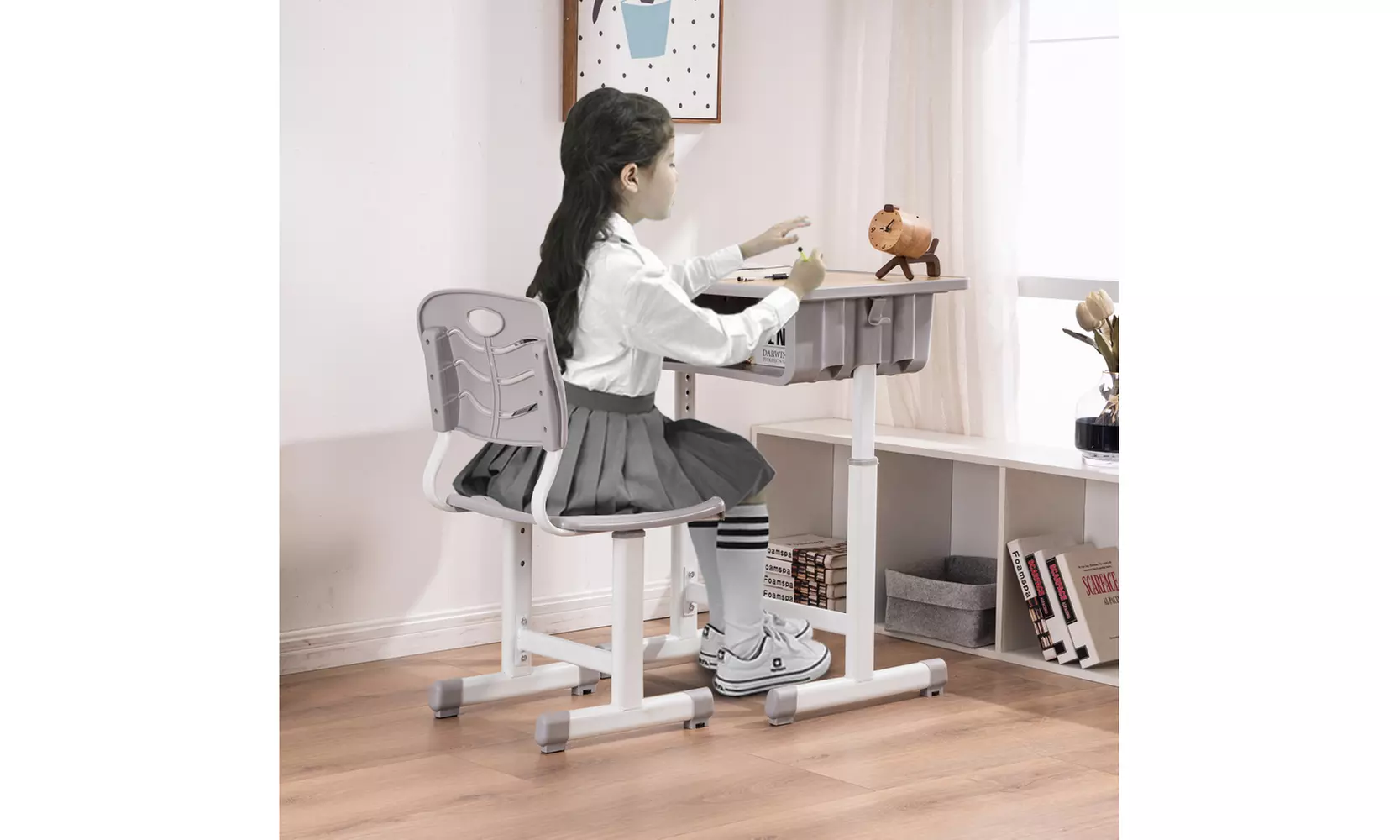 Adjustable Students Children Desk and Chairs Set Light Grey