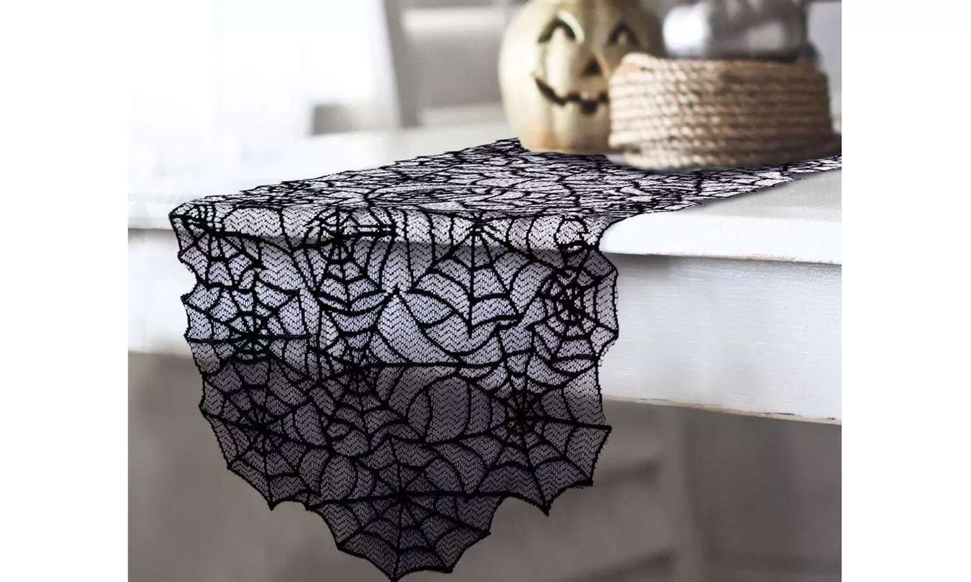 Black Lace Spider Web Table Runner Tablecloth Halloween Party Dinner Table Cover - Primary Image
