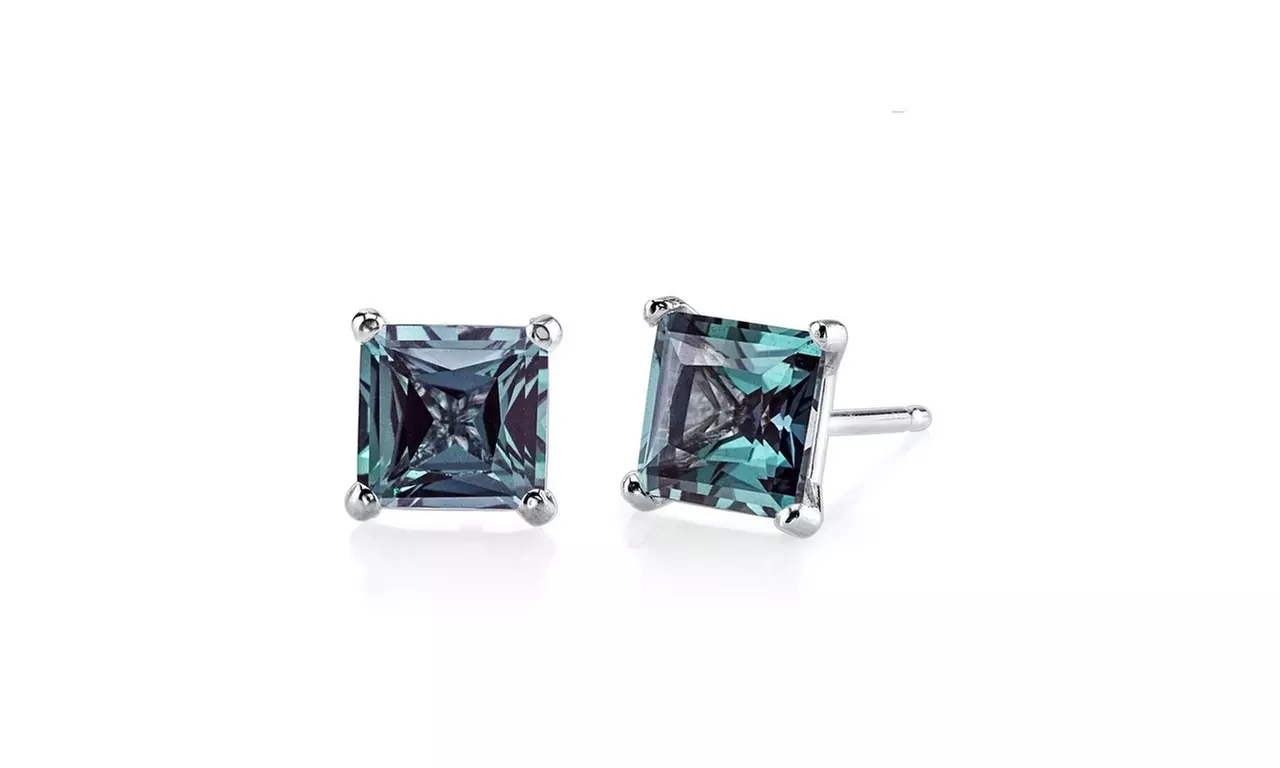 24k white gold plated 2 Cttw Princess Alexandrite Stud Earrings. - Primary Image