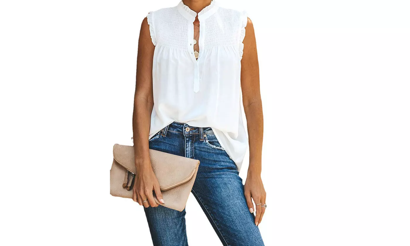 Women's Summer Casual Chiffon Blouses Ruffle Sleeve Tunic Shirts