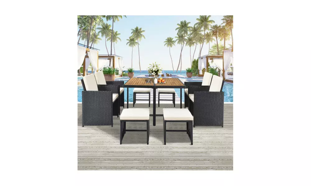 9-Piece Patio All-Weather PE Wicker Dining Table Set with Wood Tabletop - Primary Image