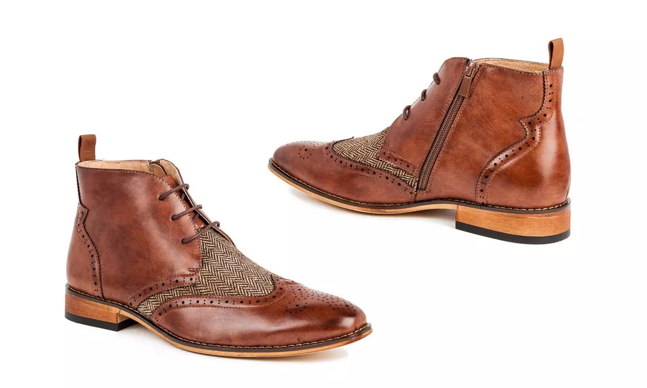 Gino Vitale Men's Wingtip Brogue Herringbone Dress Boots - Second Medium