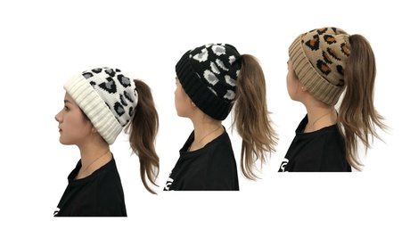 Women Knit Messy Bun Beanie Hat Ponytail Warm Winter Leopard Hat Black