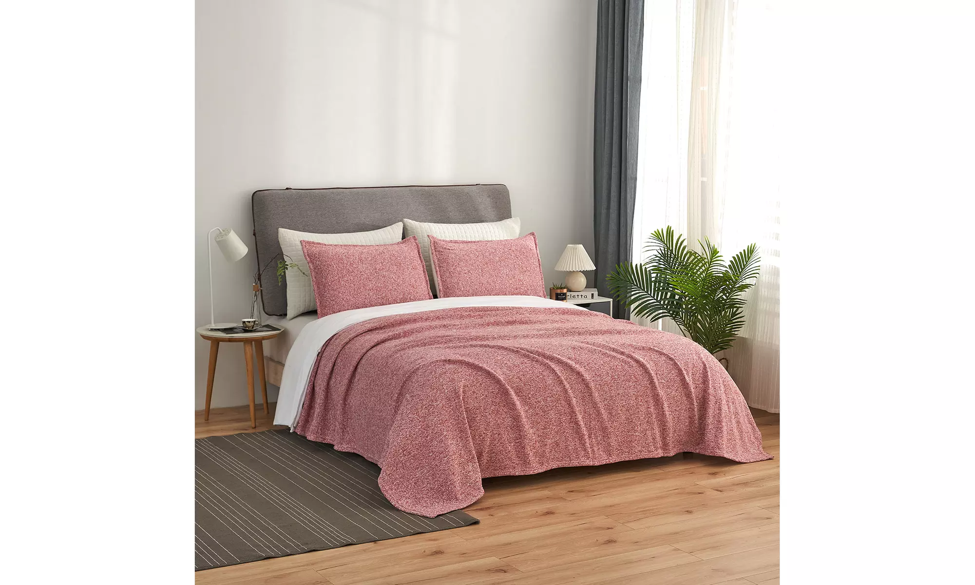 2-3 Piece Knit Weave Bed Blanket Set,Lightweight Fuzzy Jersey Blanket With Shams