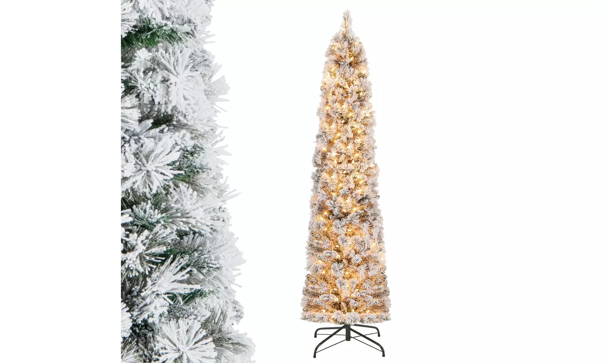 Costway 4.5/6/7 FT Pre-Lit Slim Christmas Tree Flocked w/ Pine Needles & Lights