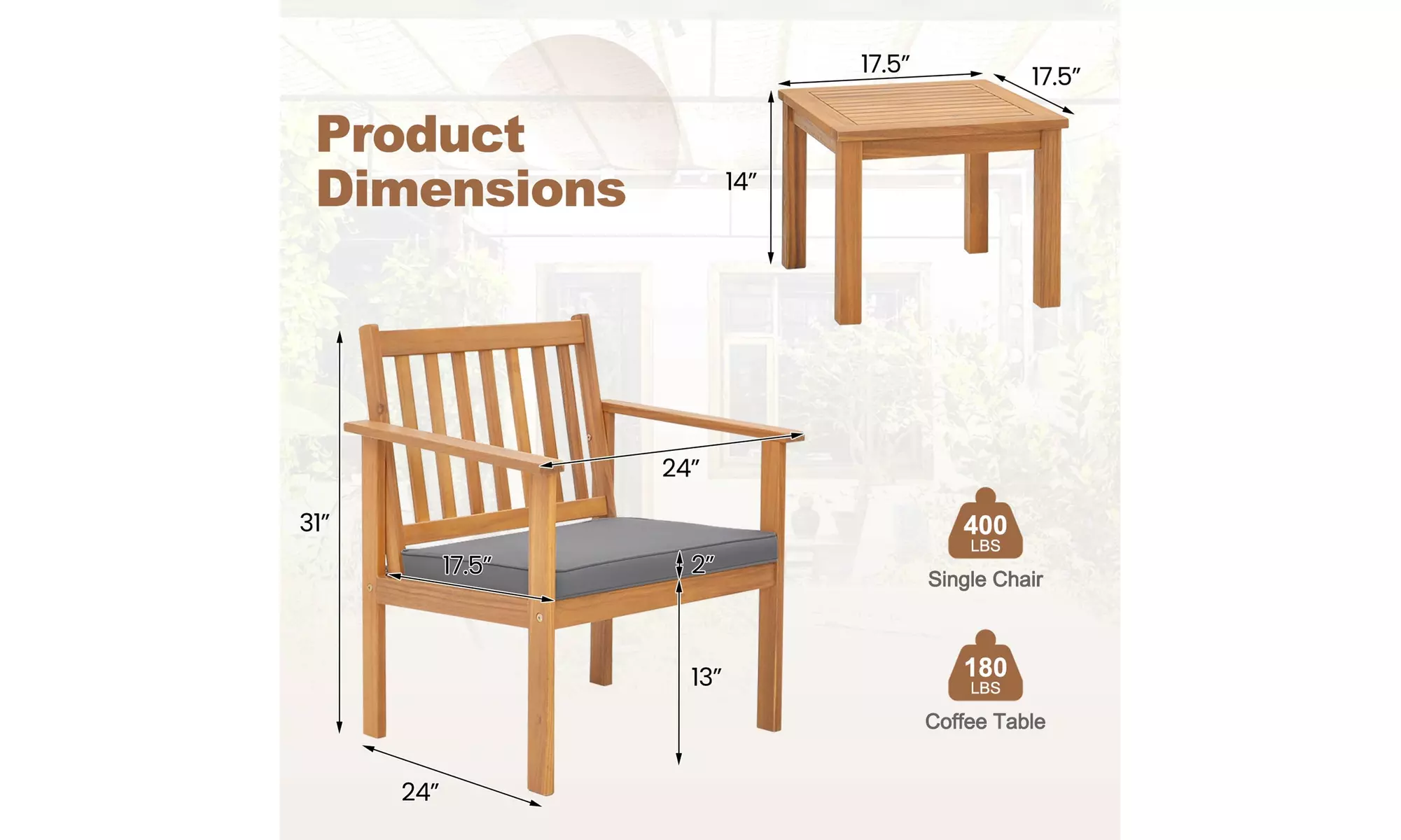 Costway 3 PCS Patio Wood Furniture Set Acacia Wood Chairs & Coffee Table