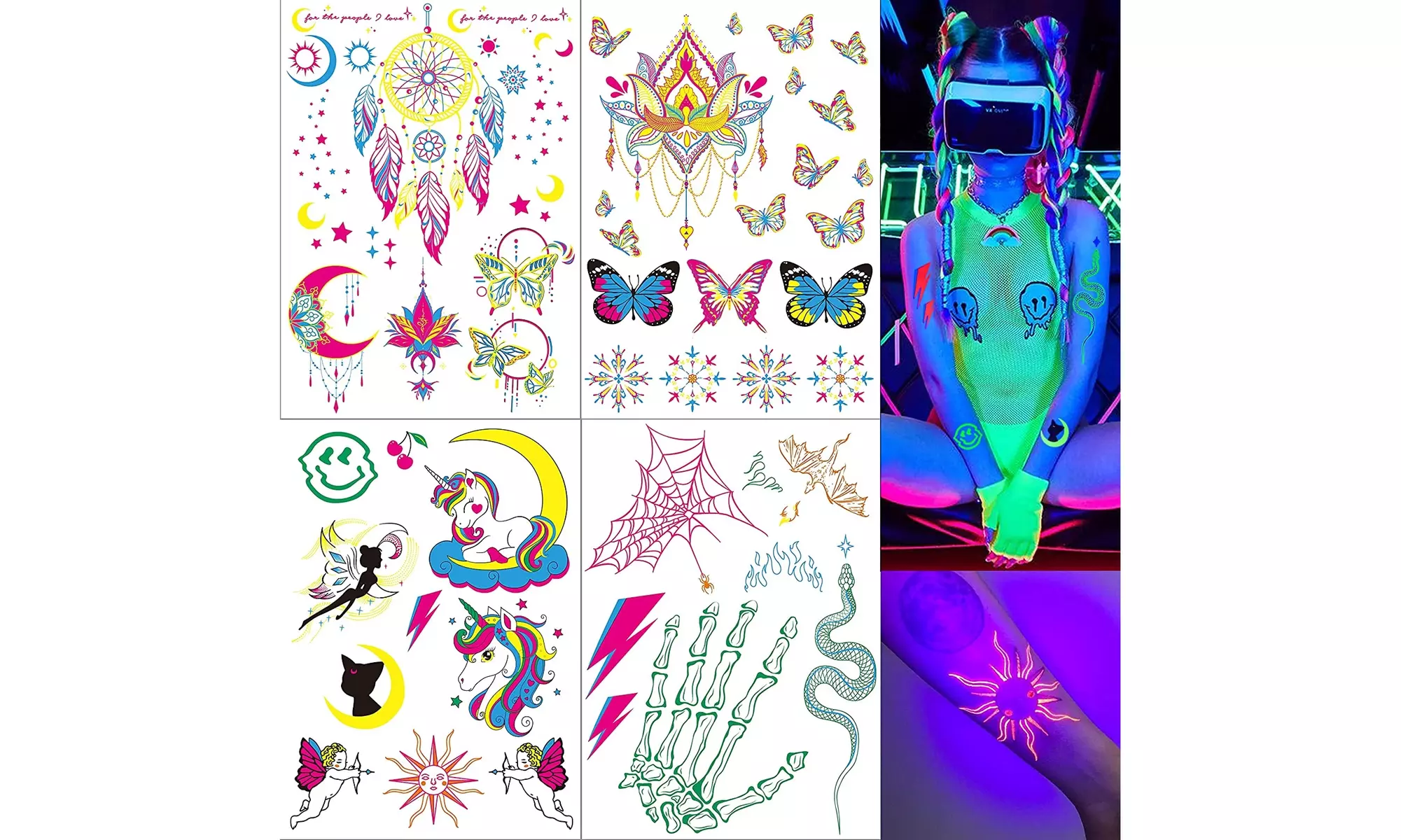 4 Sheet Neon Temporary Tattoo , UV Glow in the Dark Women Fake Tattoo - Primary Image