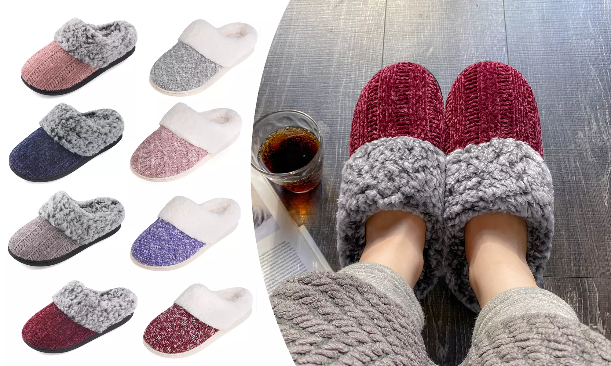 Women Memory Foam Knit Slippers Indoor Ourtdoor House Shoes Faux Fur Scuff Clogs