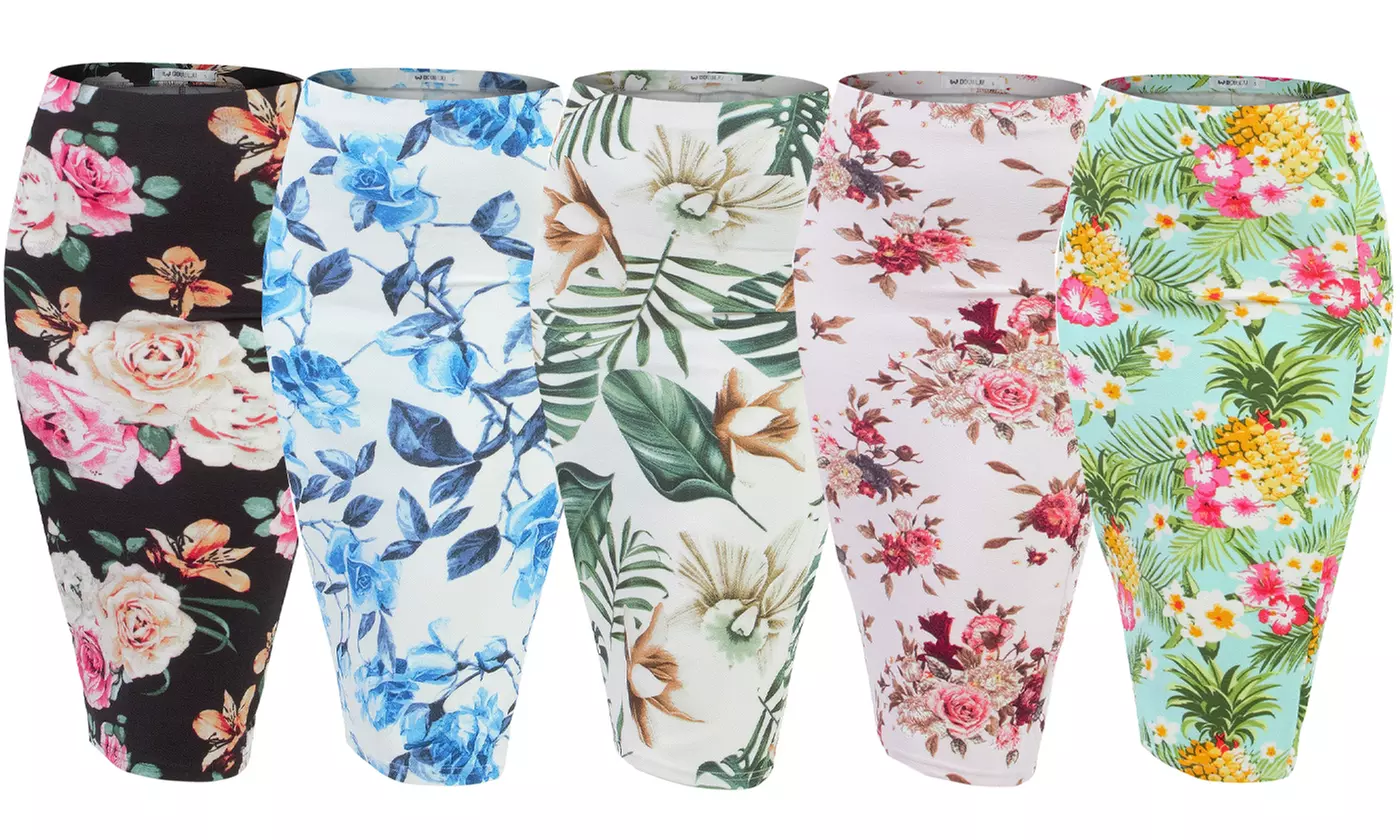 Doublju Women's Floral Stretchy Midi Pencil Skirts - Primary Image