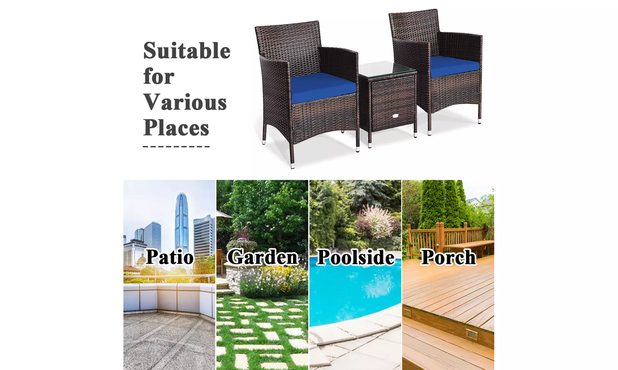 Costway Outdoor 3 PCS PE Rattan Wicker Furniture Sets Chairs Coffee Table Garden