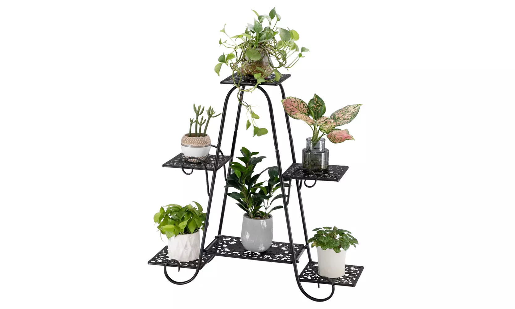 4-Layer 6-Seat Potted Plant Stand with Patterned Layout Black - Primary Image