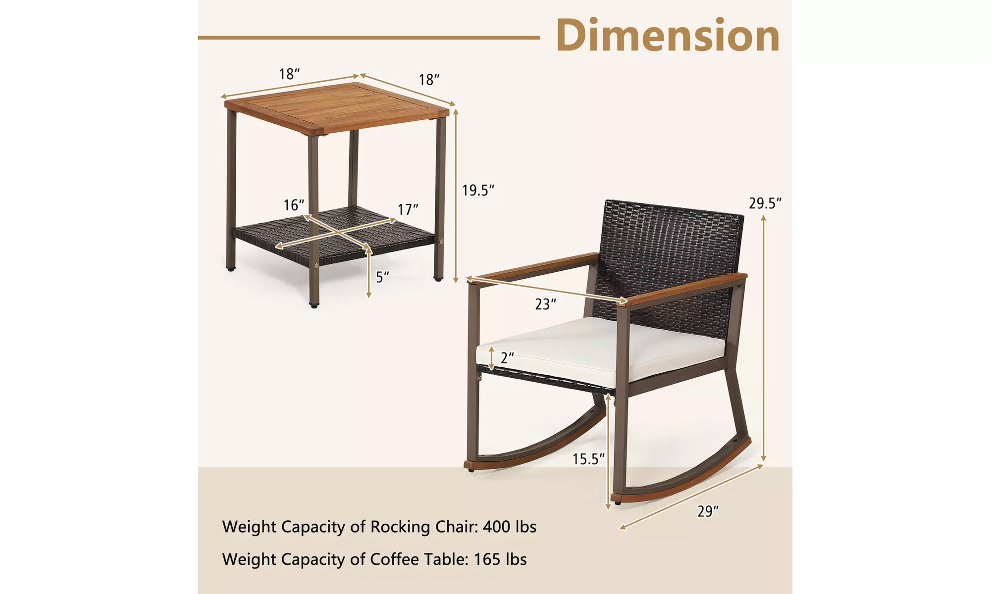 Costway 3 PCS Patio Rattan Rocking Chair Bistro Set Armrest Cushion Table
