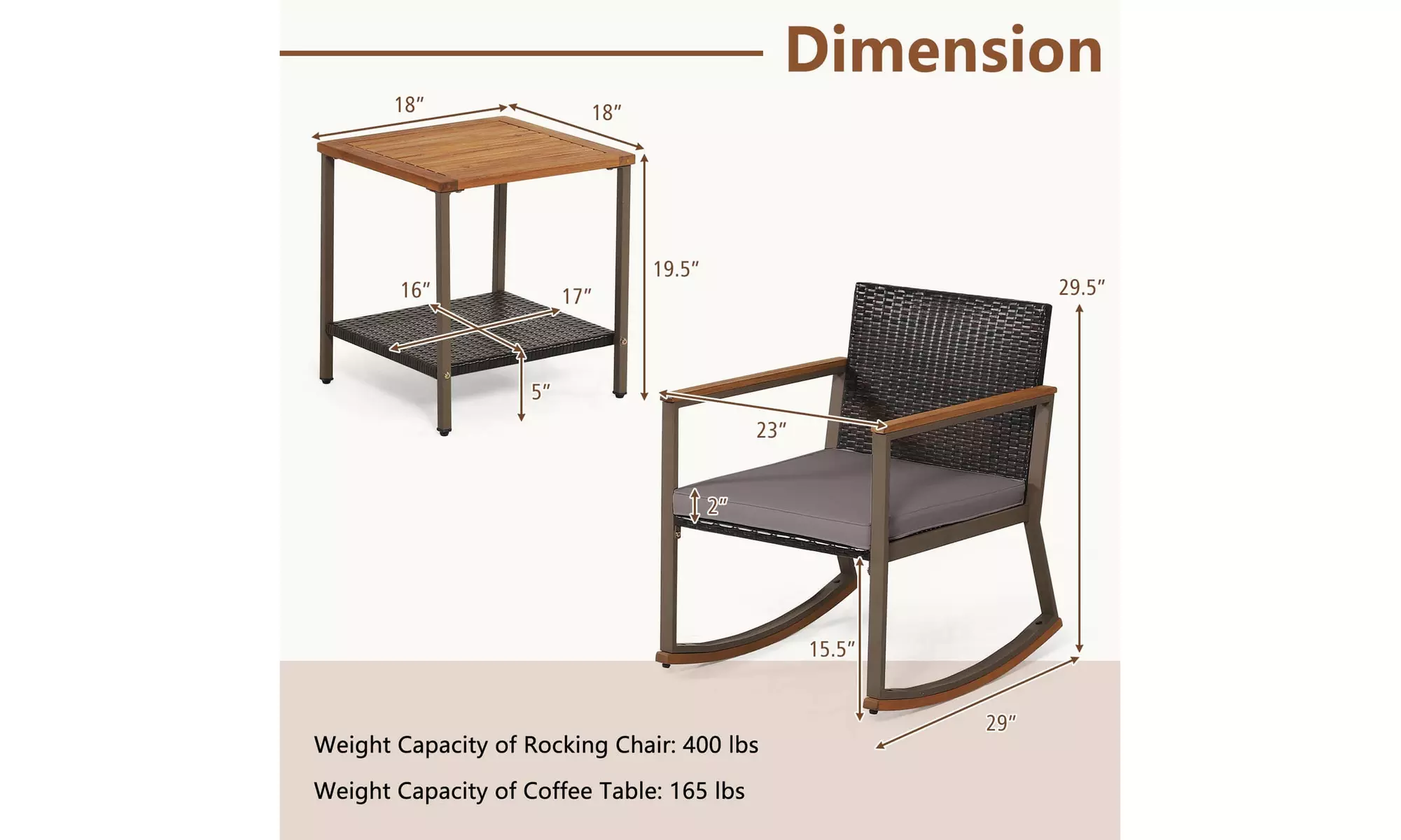 Costway 3 PCS Patio Rattan Rocking Chair Bistro Set Armrest Cushion Table