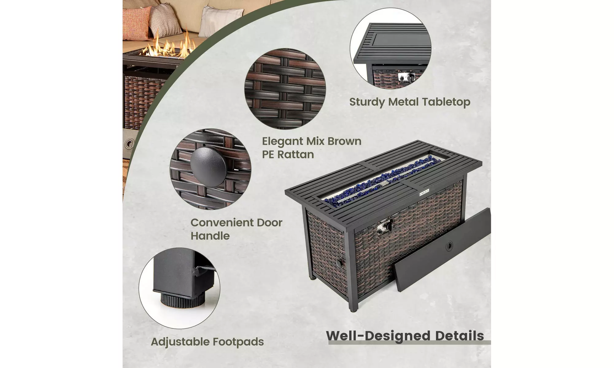 Costway 45" Propane Rattan Firepit Table with Glass Stones & Protective Cover