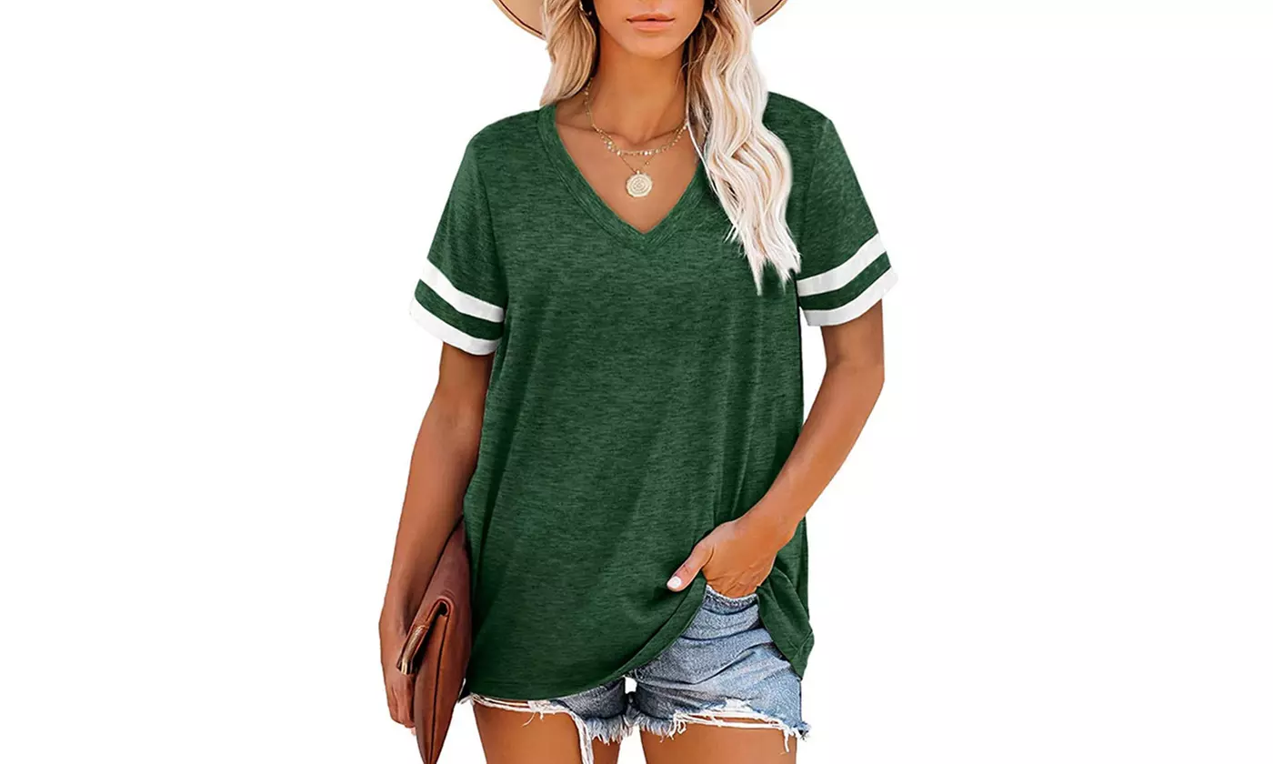 LESIES Women's V-Neck Tunic Style Short or Long Sleeve T-Shirts (S-2XL)