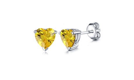 Paris Jewelry 10k White Gold Heart Created Yellow Sapphire Stud Earrings 4 Ct Heart Yellow Sapphire White Gold