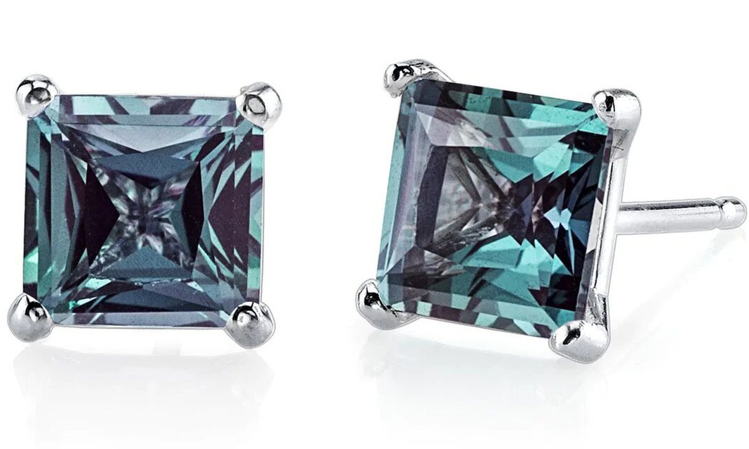 14kt White Gold Plated 3.00 Carat Princess Created Alexandrite Stud Earrings