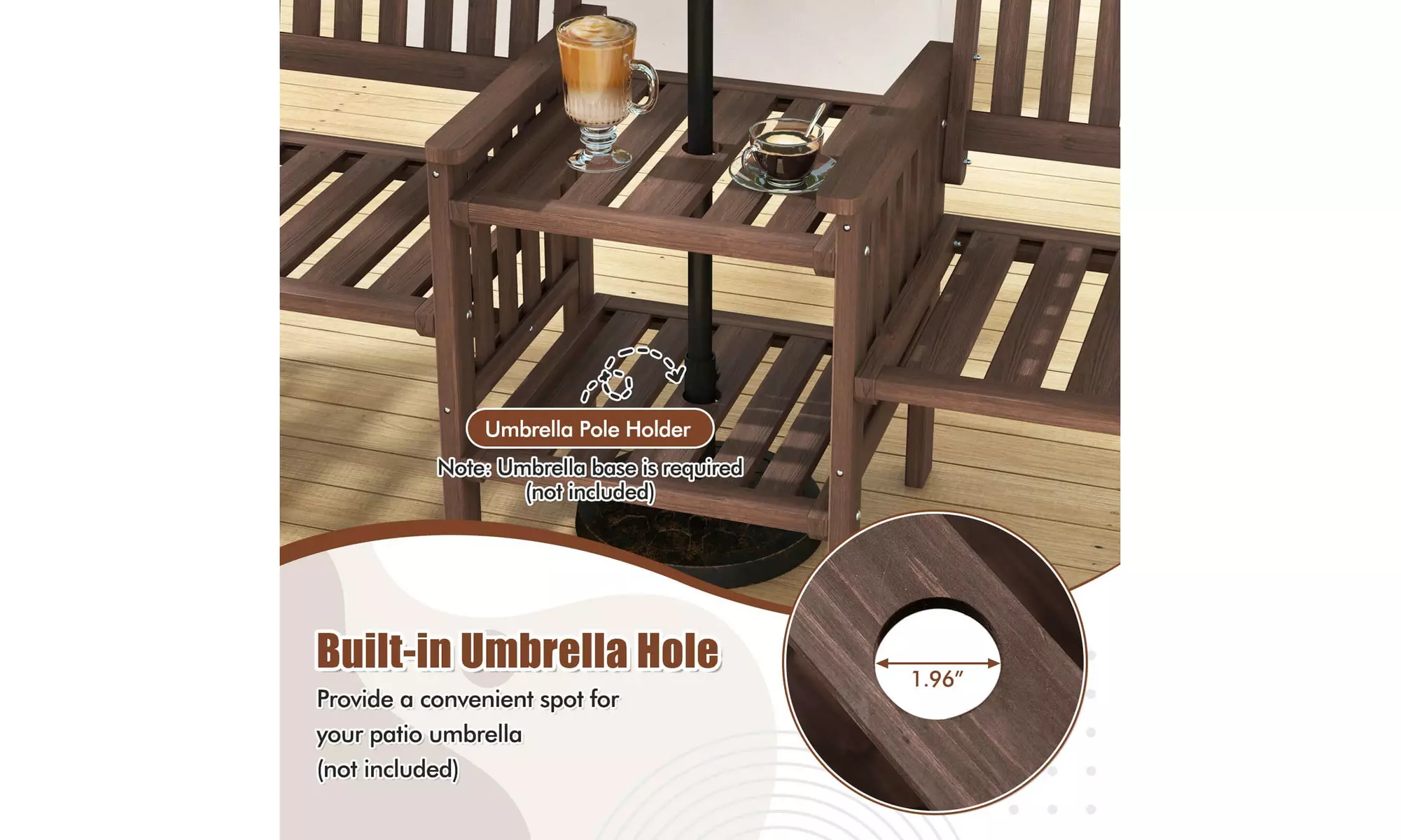 Costway Outdoor Fir Wood Loveseat with 2-Tier Side Table and 1.96" Umbrella Hole