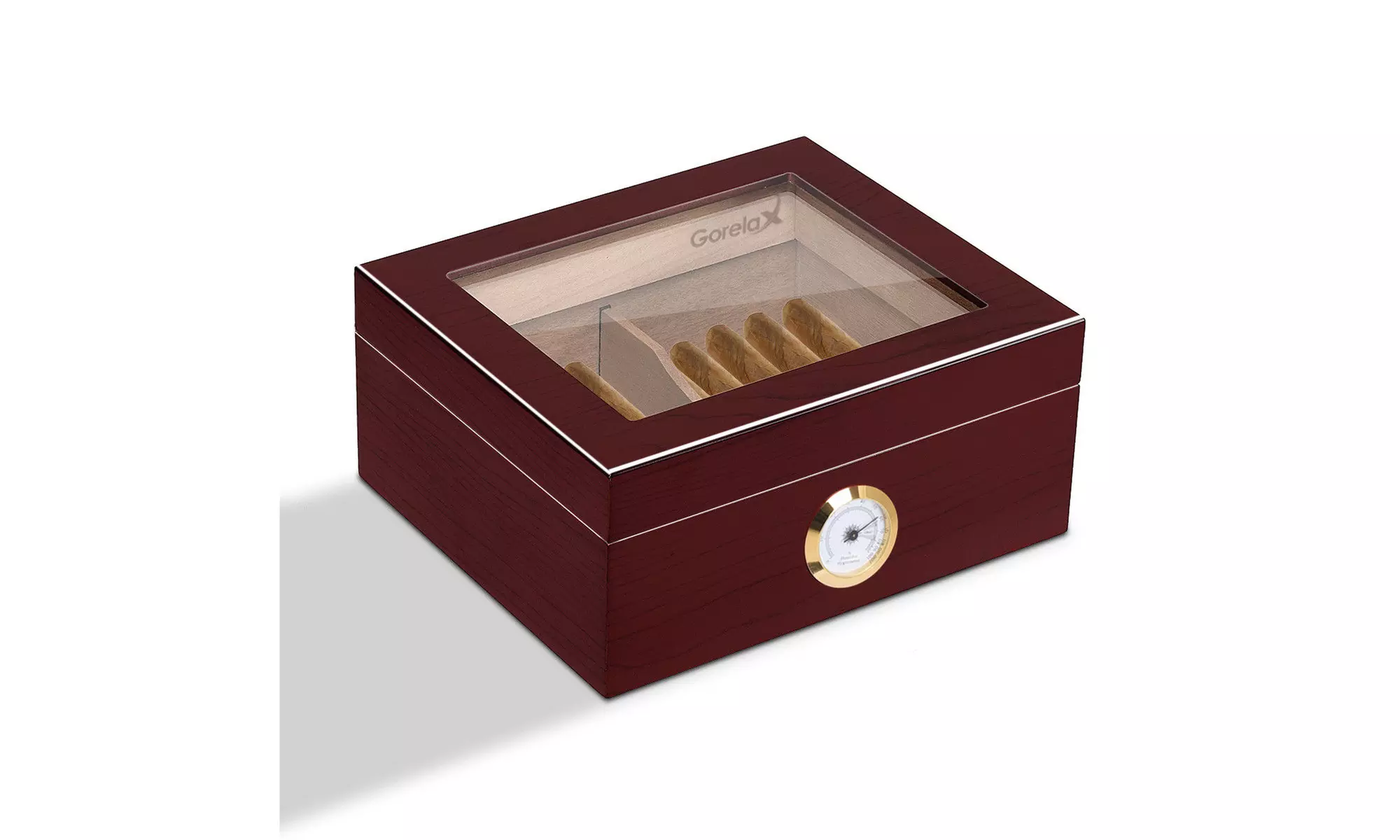 25-50 Cigar Humidor Storage Box Desktop Glasstop Humidifier w/ Hygrometer Cherry - Primary Image