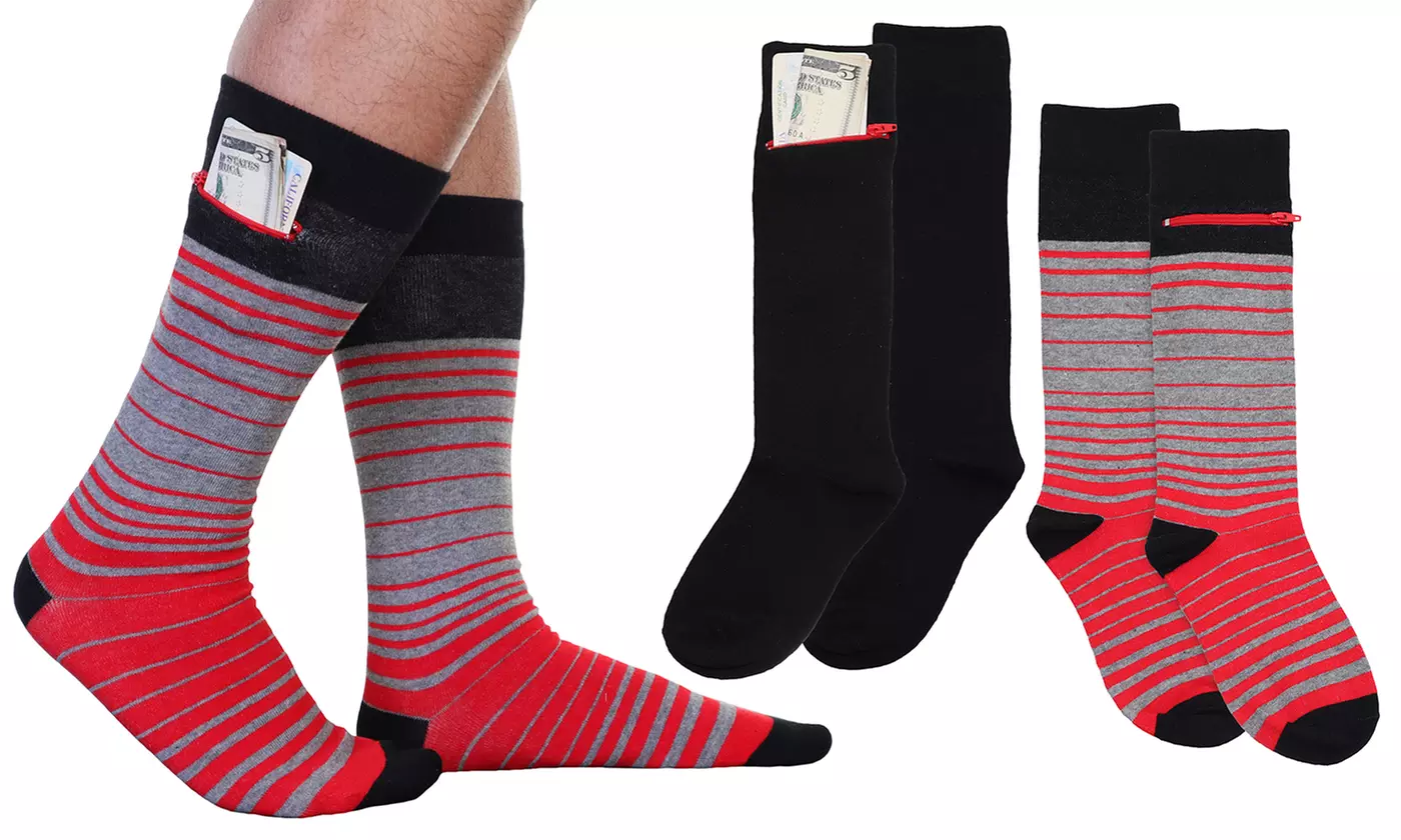 Men's Crew Socks with Zipper Pocket (2-Pack or 6-Pack) - Second Medium