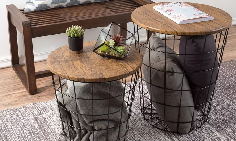 Metal Basket Nesting End Tables Set of 2 Convertible Side Tables Wood Top - Primary Image