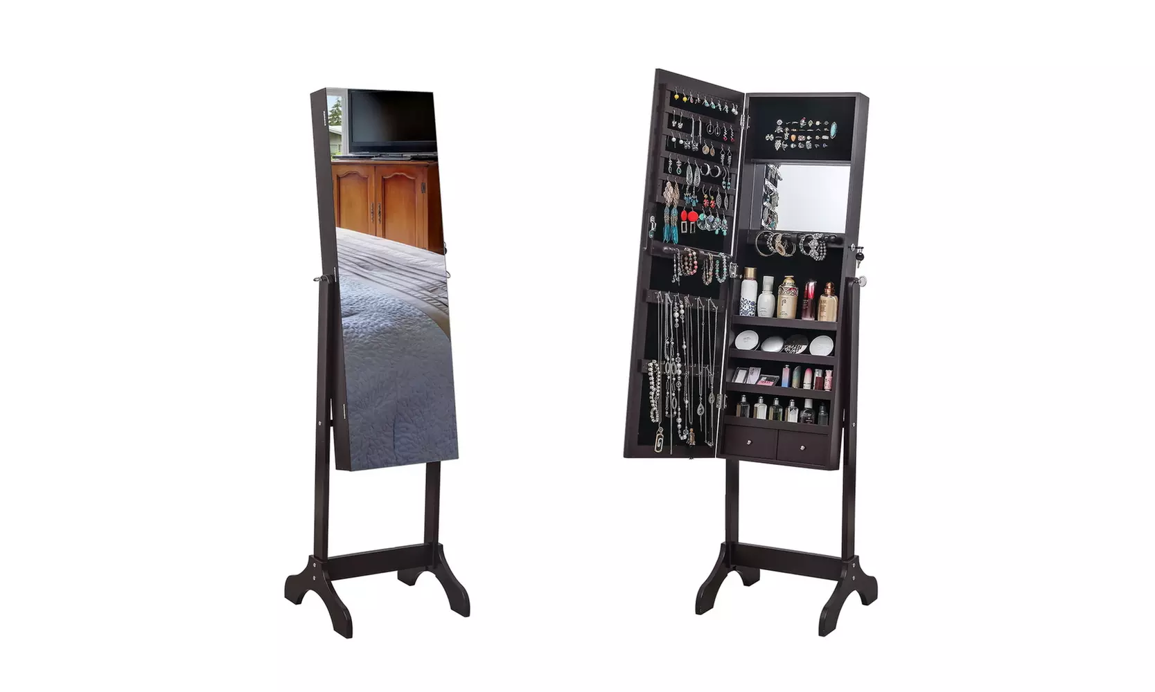 Jewelry Storage Adjustable Mirror Cabinet, Wooden 4-layer Shelf w/ Inner Mirror - Second Medium