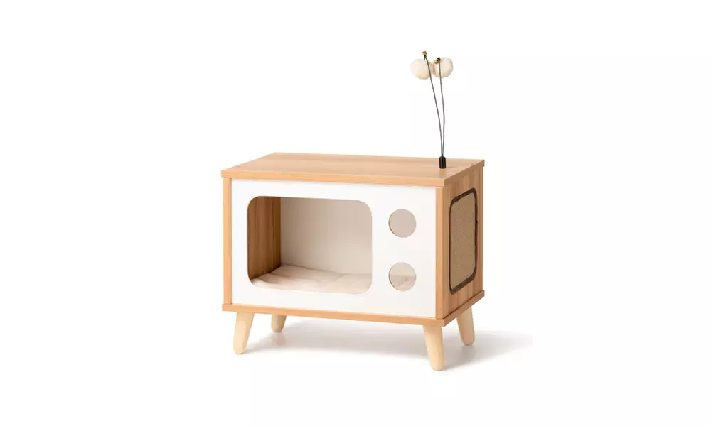 Classic TV-Shaped Cat Bed, Cute Cat House with Bell Ball Toys - Primary Image