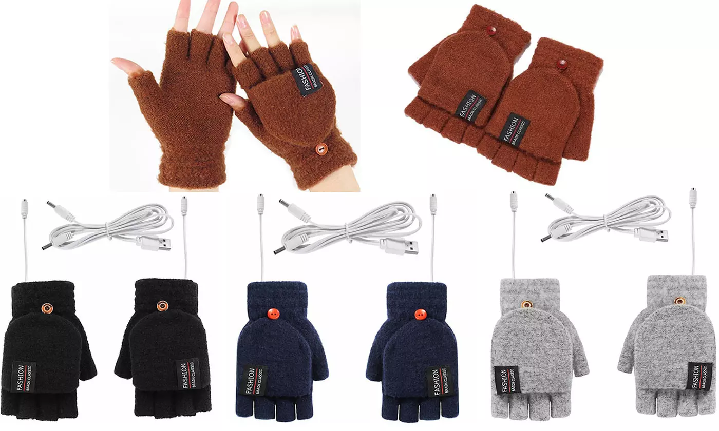 USB Heated Gloves Mitten Full&Half Fingerless Winter Hands Warmer Laptop Gloves - Primary Image