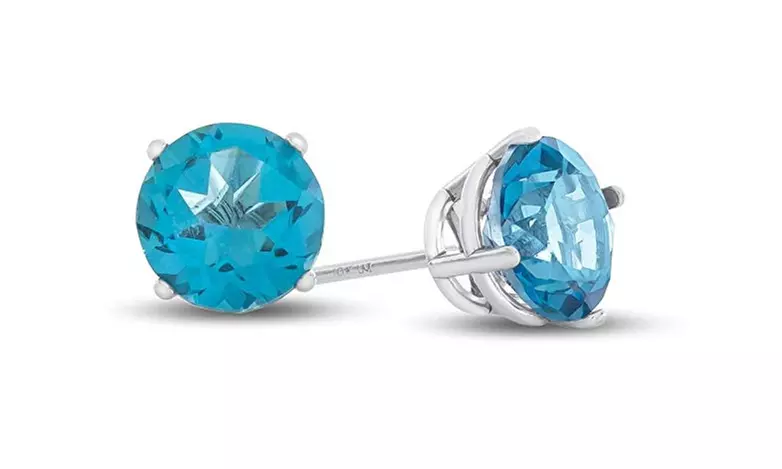 Paris Jewelry 10k White Gold Plated Round 7mm Blue Topaz Stud Earrings - Primary Image