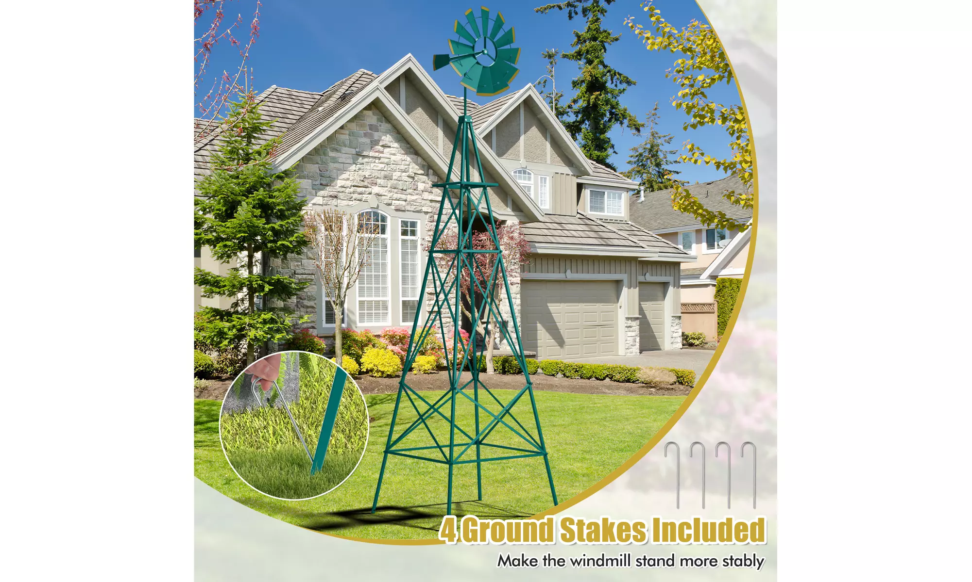 Costway 8Ft Tall Windmill Ornamental Wind Wheel Silver Garden Weather Vane