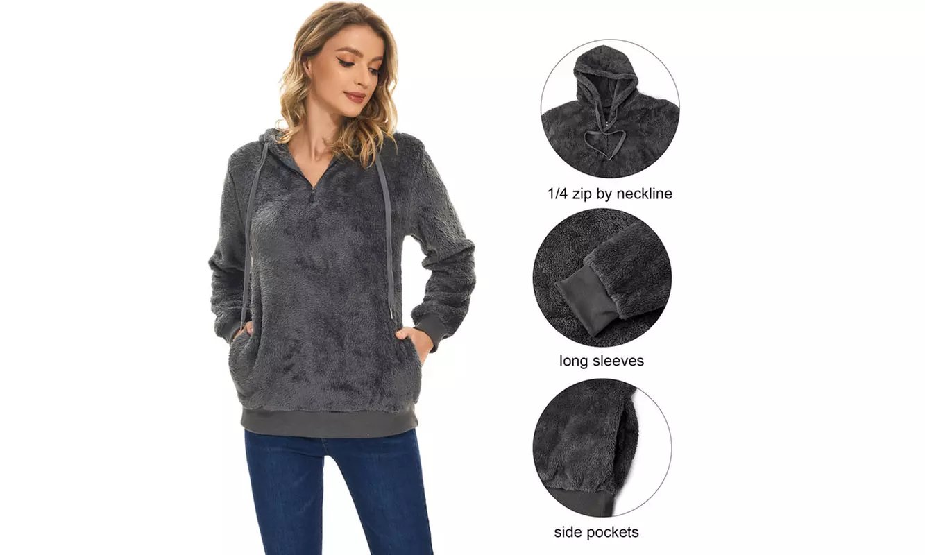 Women Fluffy Sherpa Hooded Sweatshirt M-2X