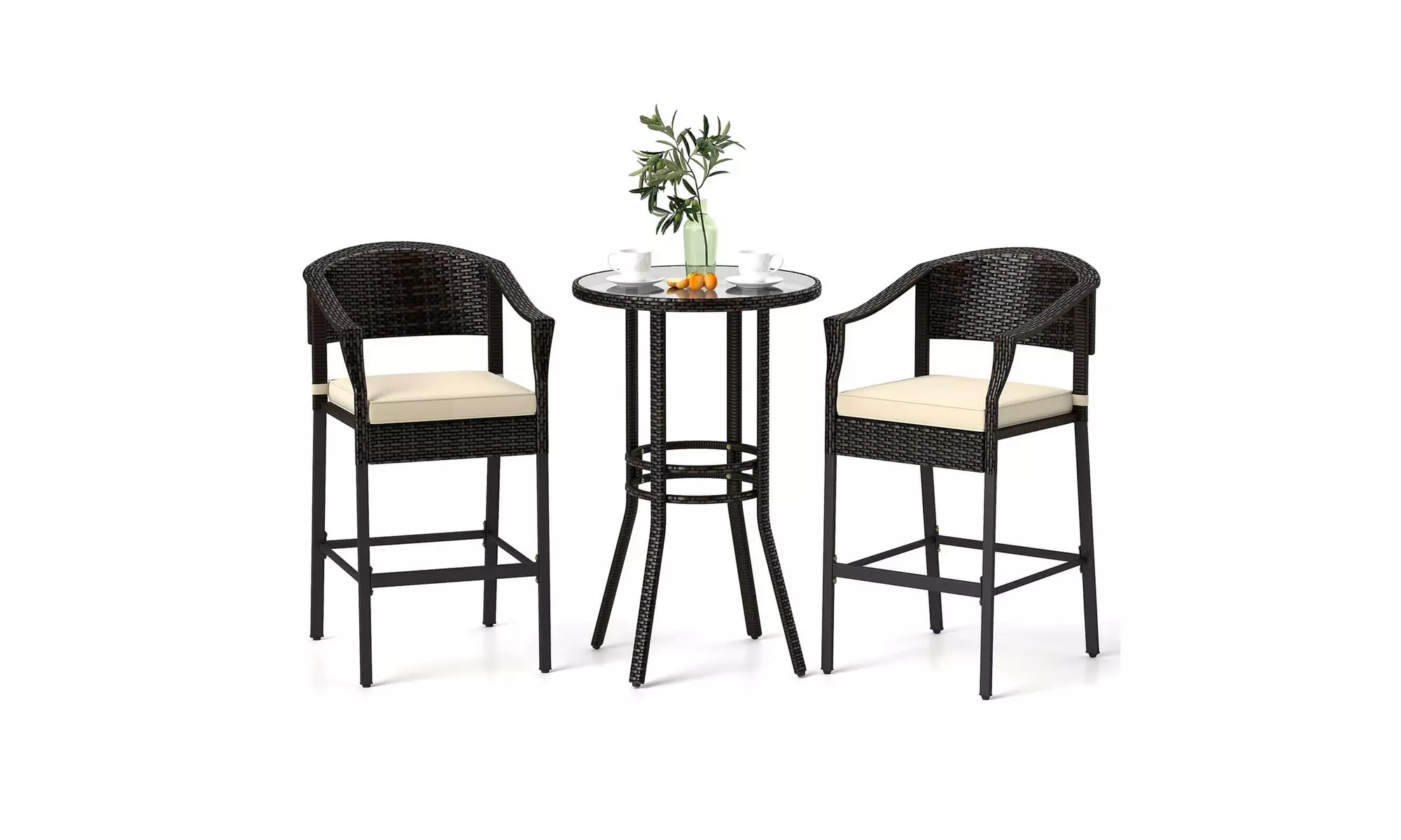 Costway 3-Piece Patio Rattan Bar Set Wicker Bar Height Armchairs and Round Table