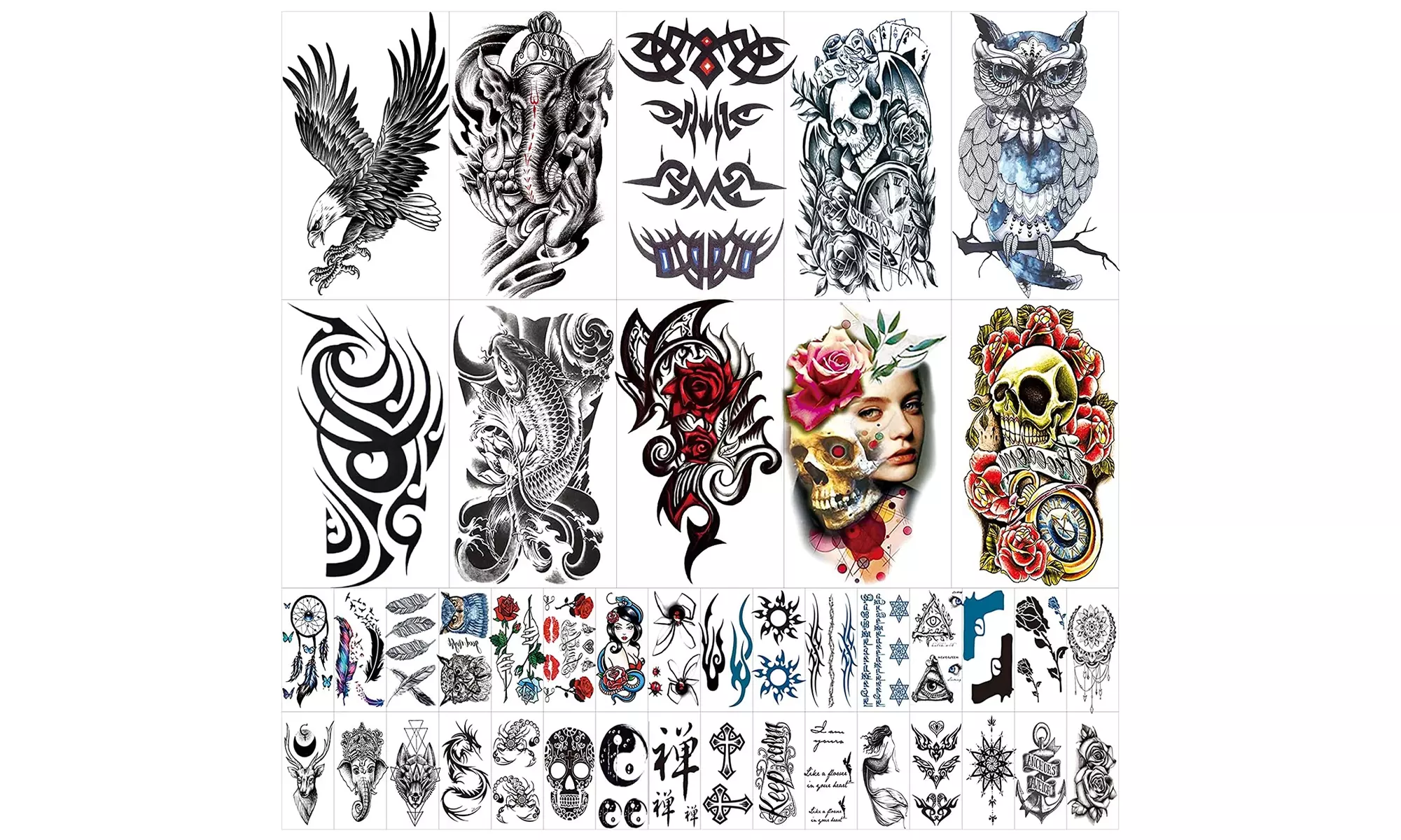 42 Sheets Temporary Tattoos Stickers (Include 10 Sheets Large Stickers), Fake - Primary Image