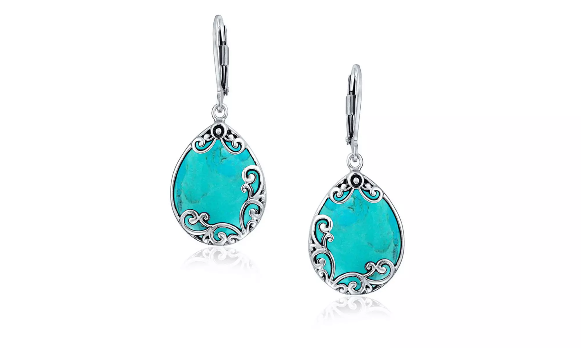 .925 Silver Natural Compressed Turquoise Leverback Earrings - Second Medium