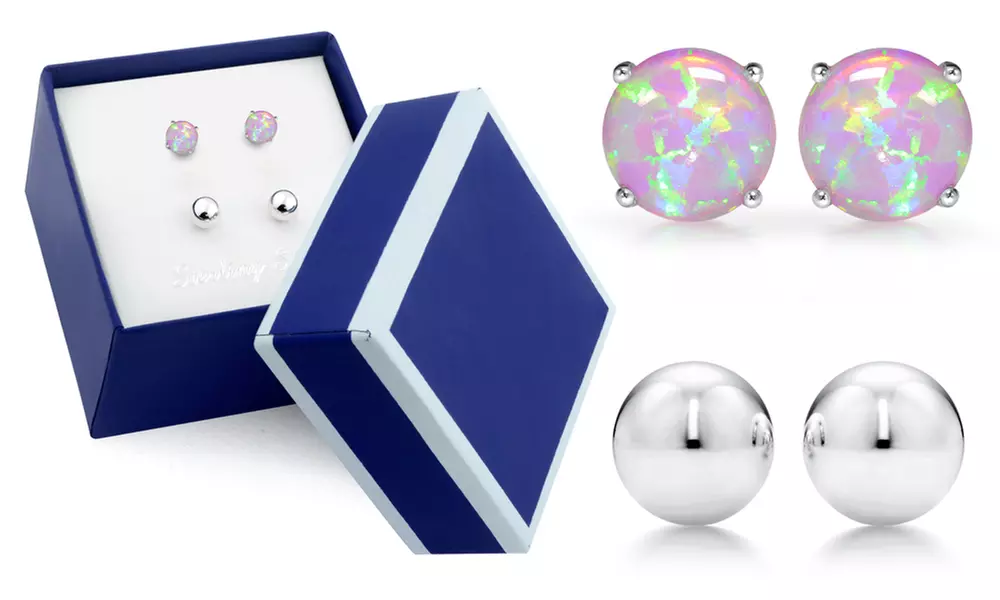 Sterling Silver Pink Opal and Ball Stud Duo Set In a Box By MUIBLU Gems - Primary Image