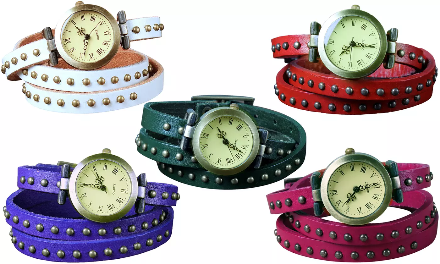 Retro Rivet Vegan Leather Wrap-Around Cuff Watch