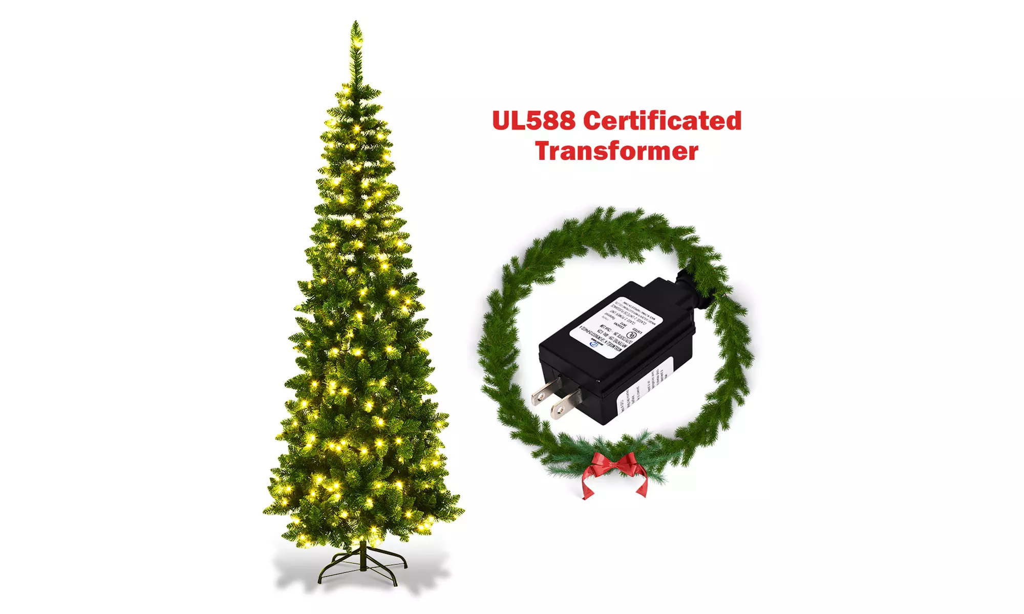 Costway 6.5ft Pre-Lit Hinged Artificial Pencil Christmas Tree with 250  Lights