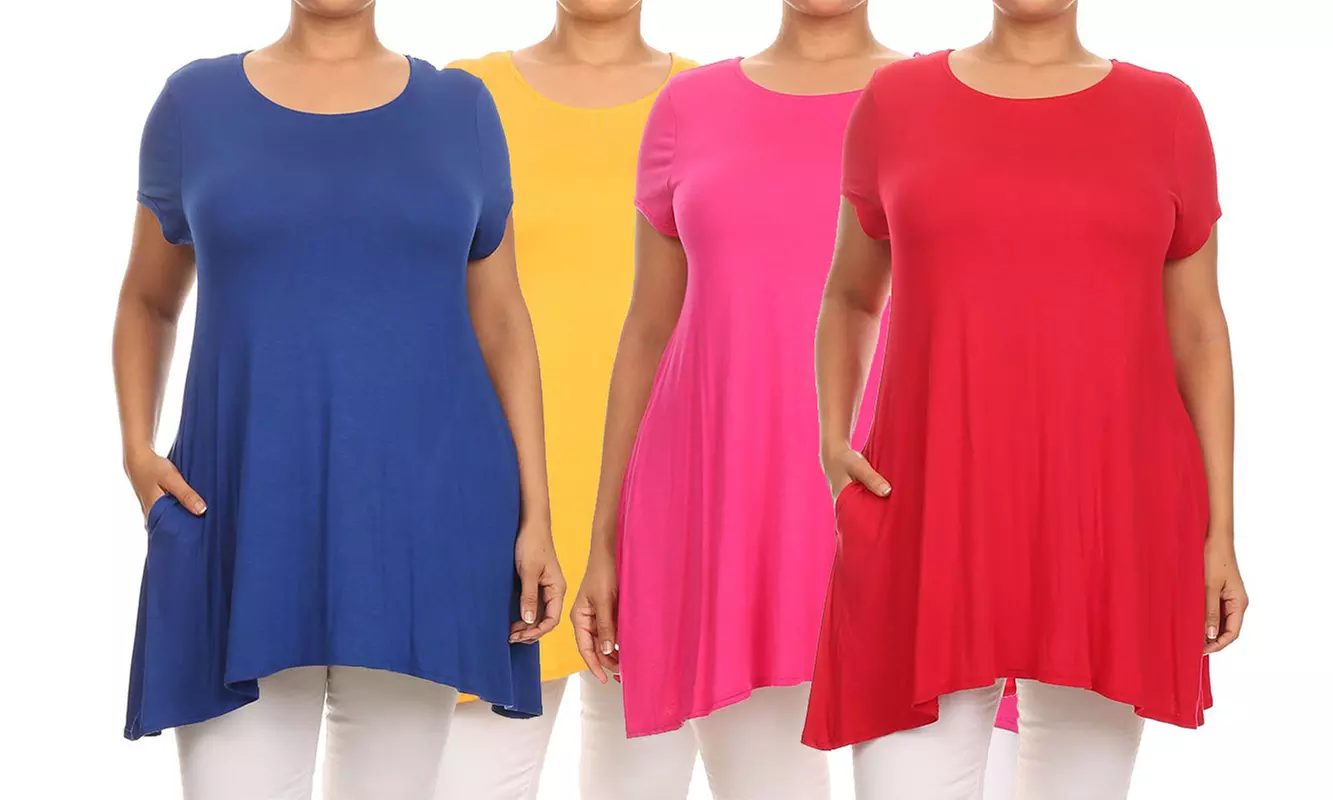 Women's Plus Size Side Pockets Loose Fit Short Sleeves Tunic Tee Top Made in USA - Primary Image