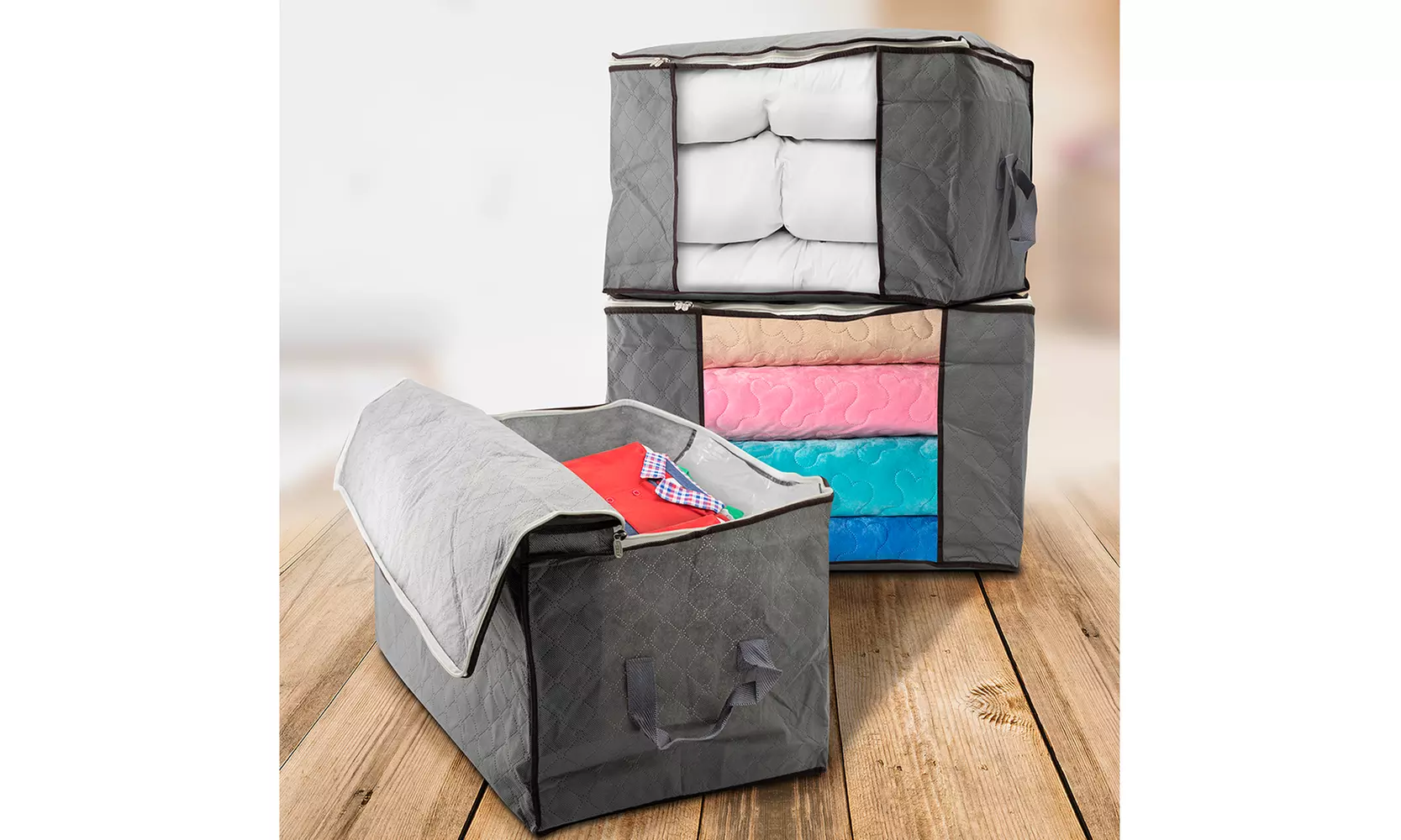 Large Capacity Blanket Storage Bags with Zipper and Window, 3pk Organizers - Primary Image