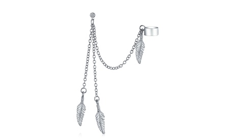 Stainless Steel Feather Dangle Chain Ball Stud Earring Ear Cuff None April Under 1/10 Ct Stainless Steel Stainless Steel